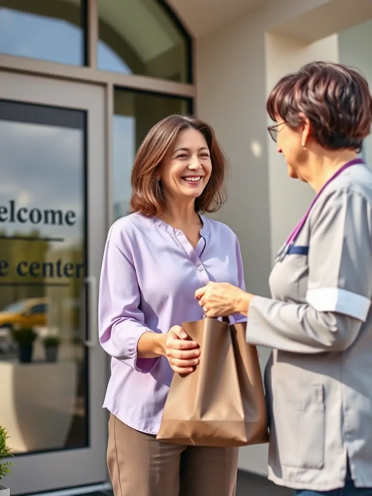 A family caregiver smiling as they drop off their loved one for respite care at Newlife Healthcare Services, showing peace of mind.