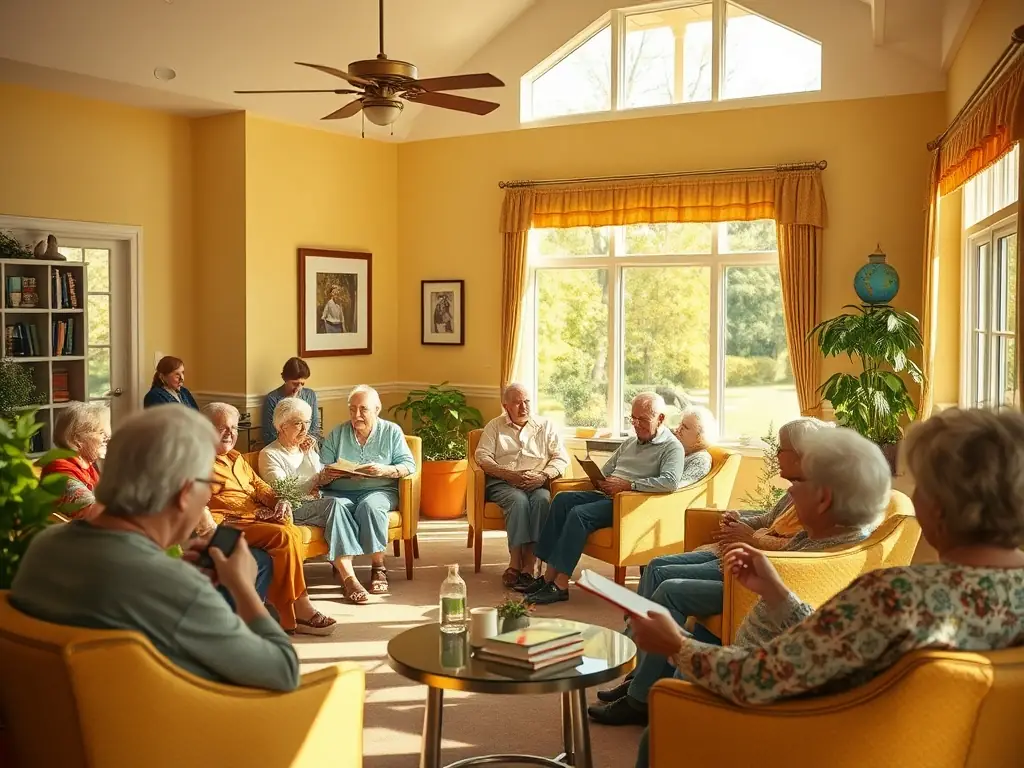 A serene and comfortable residential setting with seniors engaging in various activities, reflecting a warm and supportive atmosphere.