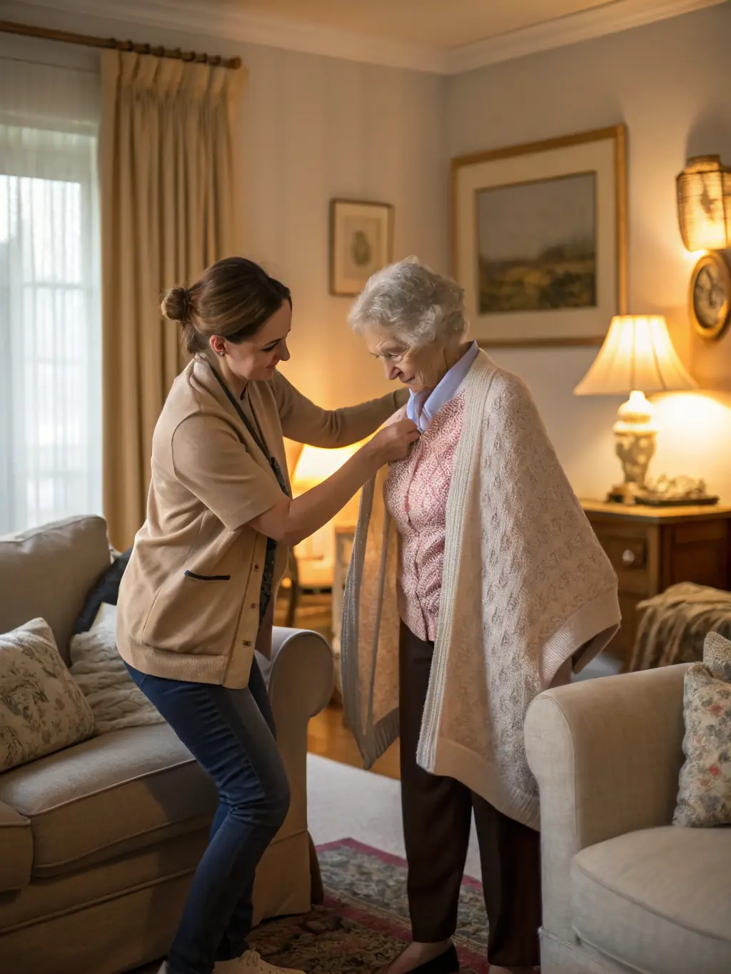 A compassionate caregiver assisting a resident with dementia in a calming and secure environment at Newlife Healthcare Services.