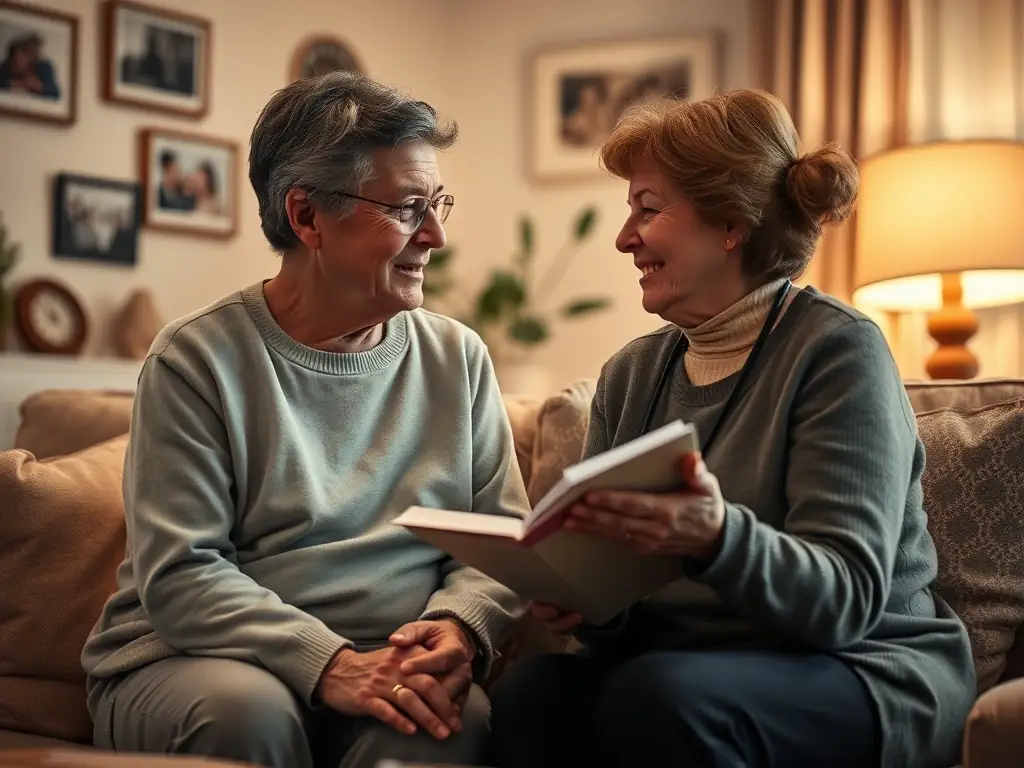 A family member visiting a resident in a cozy, well-equipped care facility, highlighting the respite care services offered by Newlife Healthcare Services.
