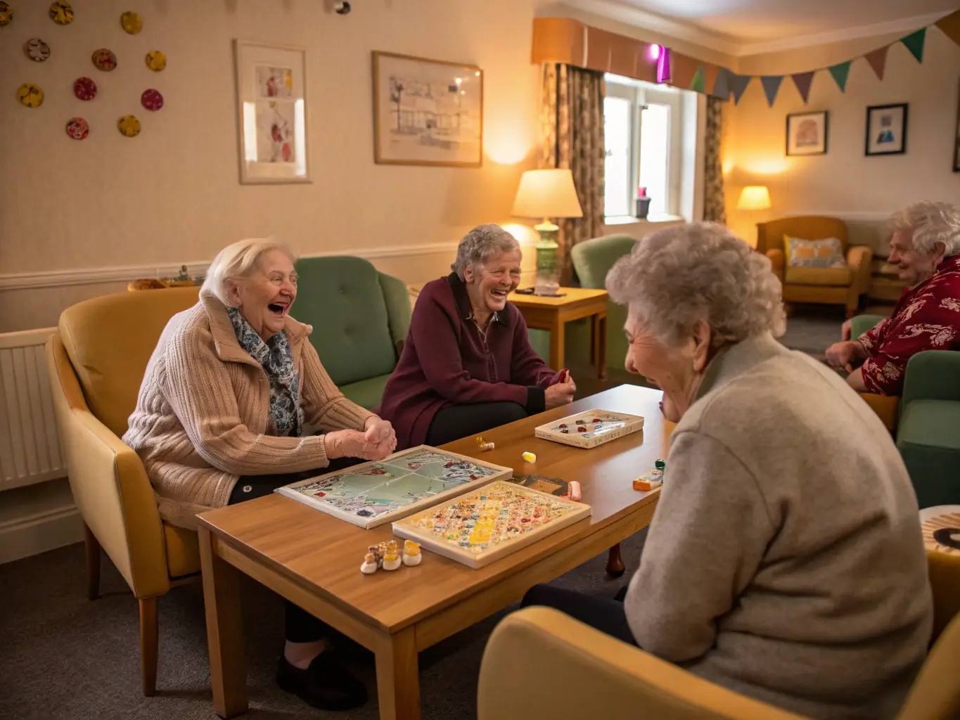 A warm, welcoming living area with residents engaging in activities with attentive staff, showcasing the supportive environment of Newlife Healthcare Services' residential care.