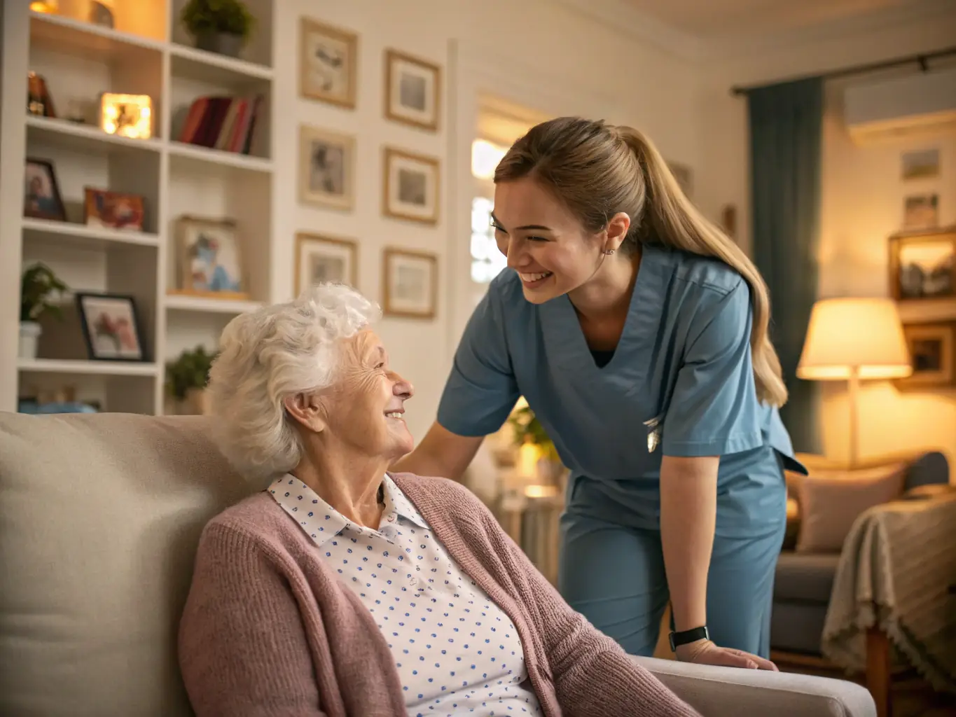 A welcoming, homely residential facility with caring staff attending to residents in a comfortable setting, showcasing the personalized care provided by Newlife Healthcare Services.
